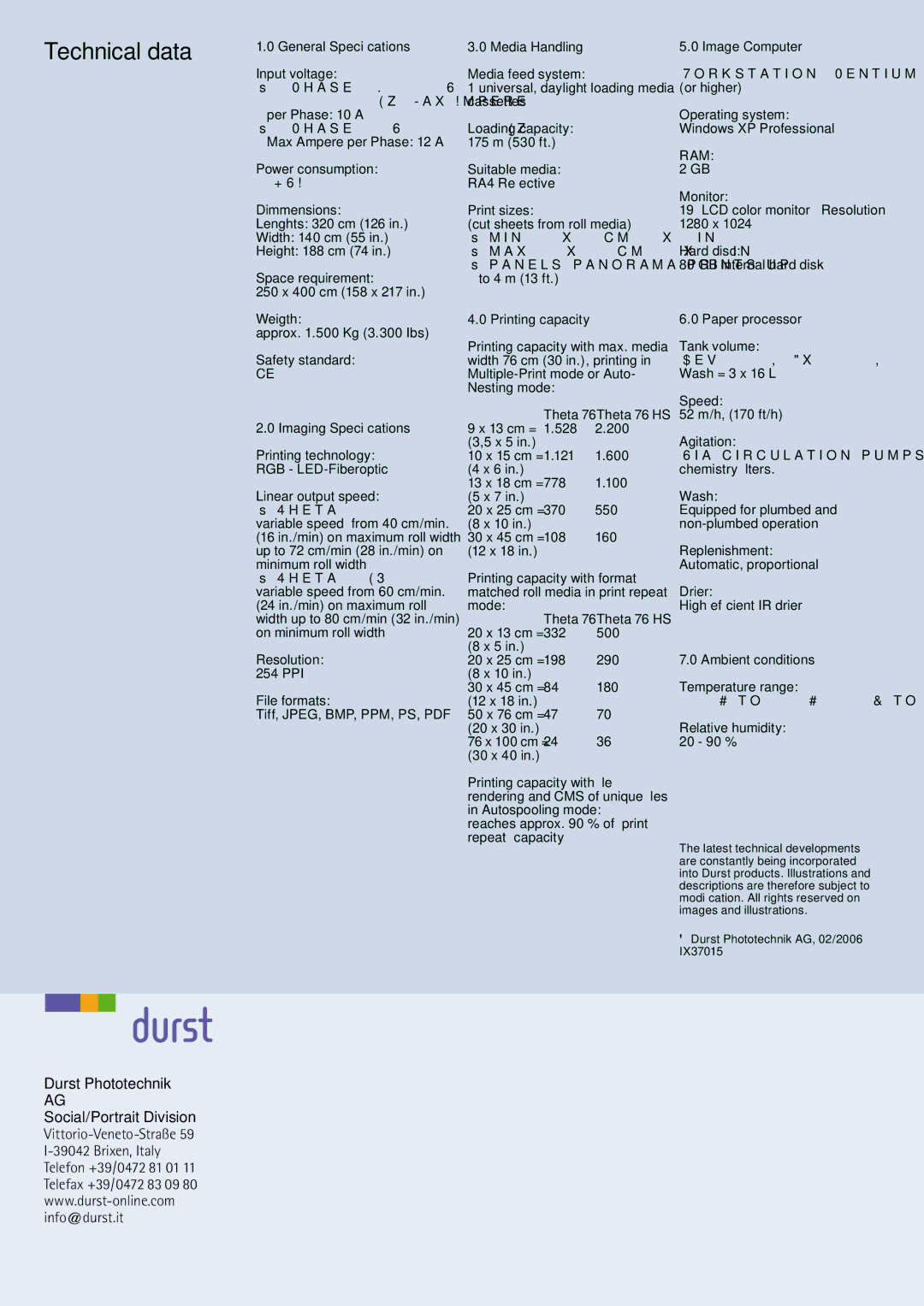 Durst Theta 76 HS manual Technical data, Durst Phototechnik 