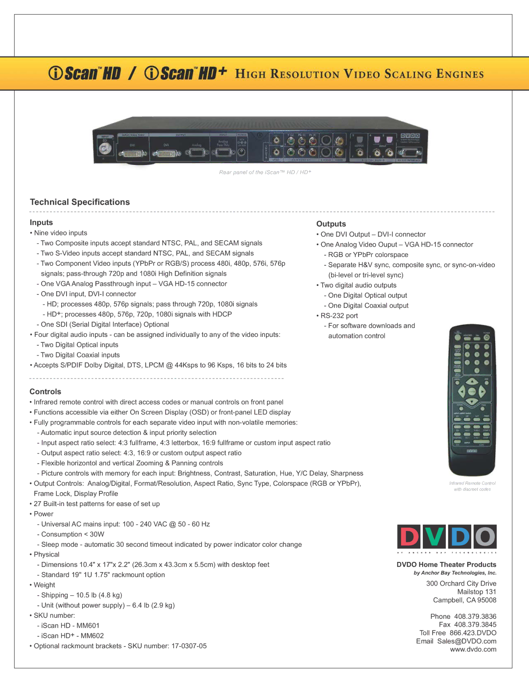 DVDO 9835-2K manual Technical Specifications, Inputs Outputs, Controls 