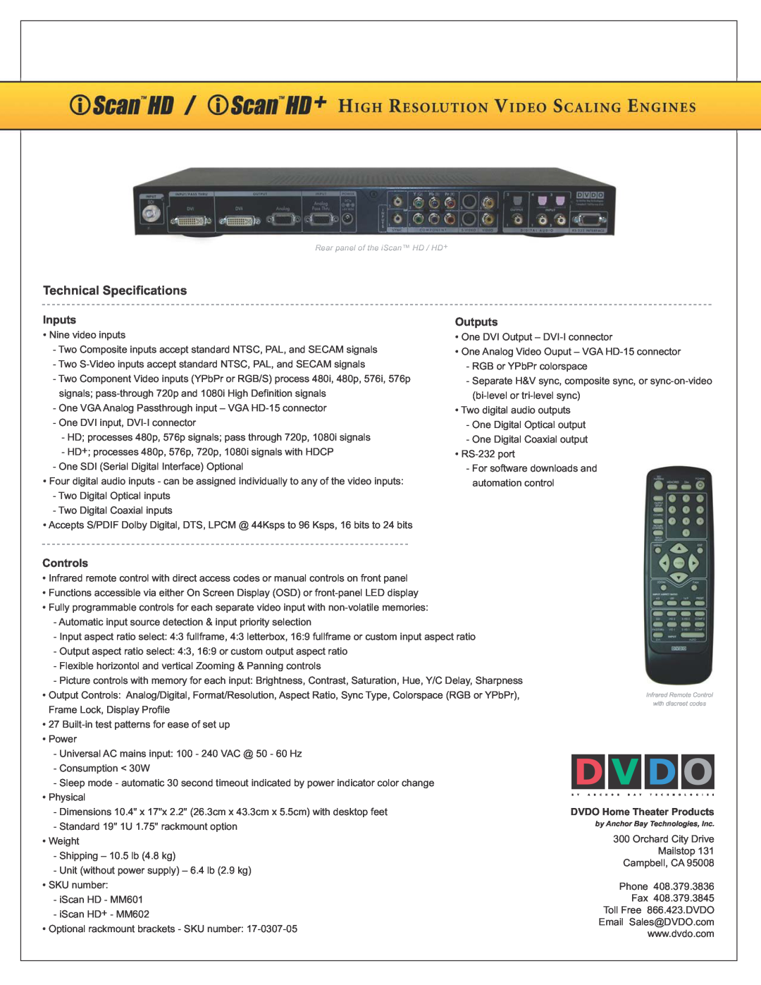 DVDO 9835-2K manual Technical Specifications, Inputs, Outputs, Controls, DVDO Home Theater Products 