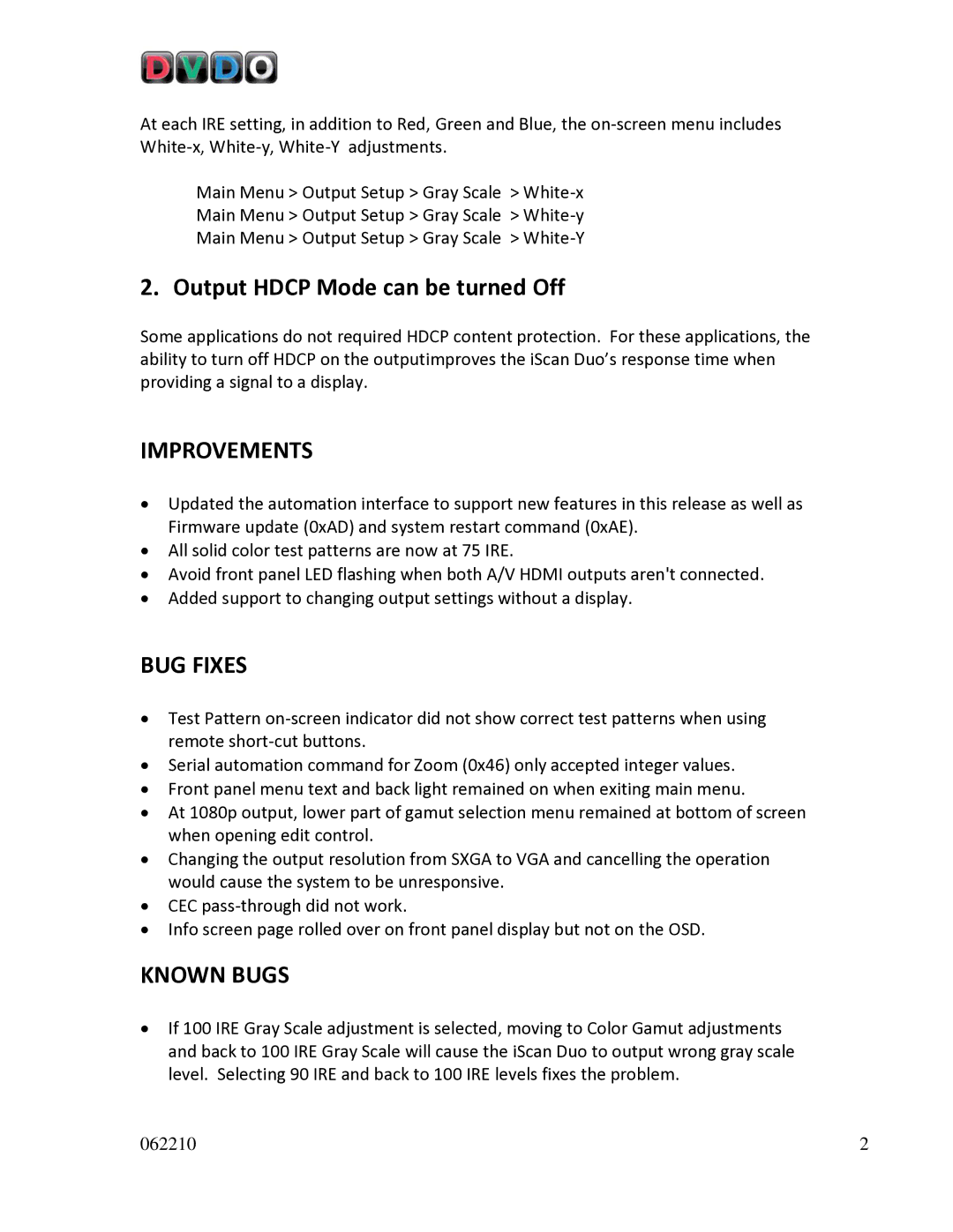 DVDO DVD VCR Combo owner manual Output Hdcp Mode can be turned Off, Improvements 