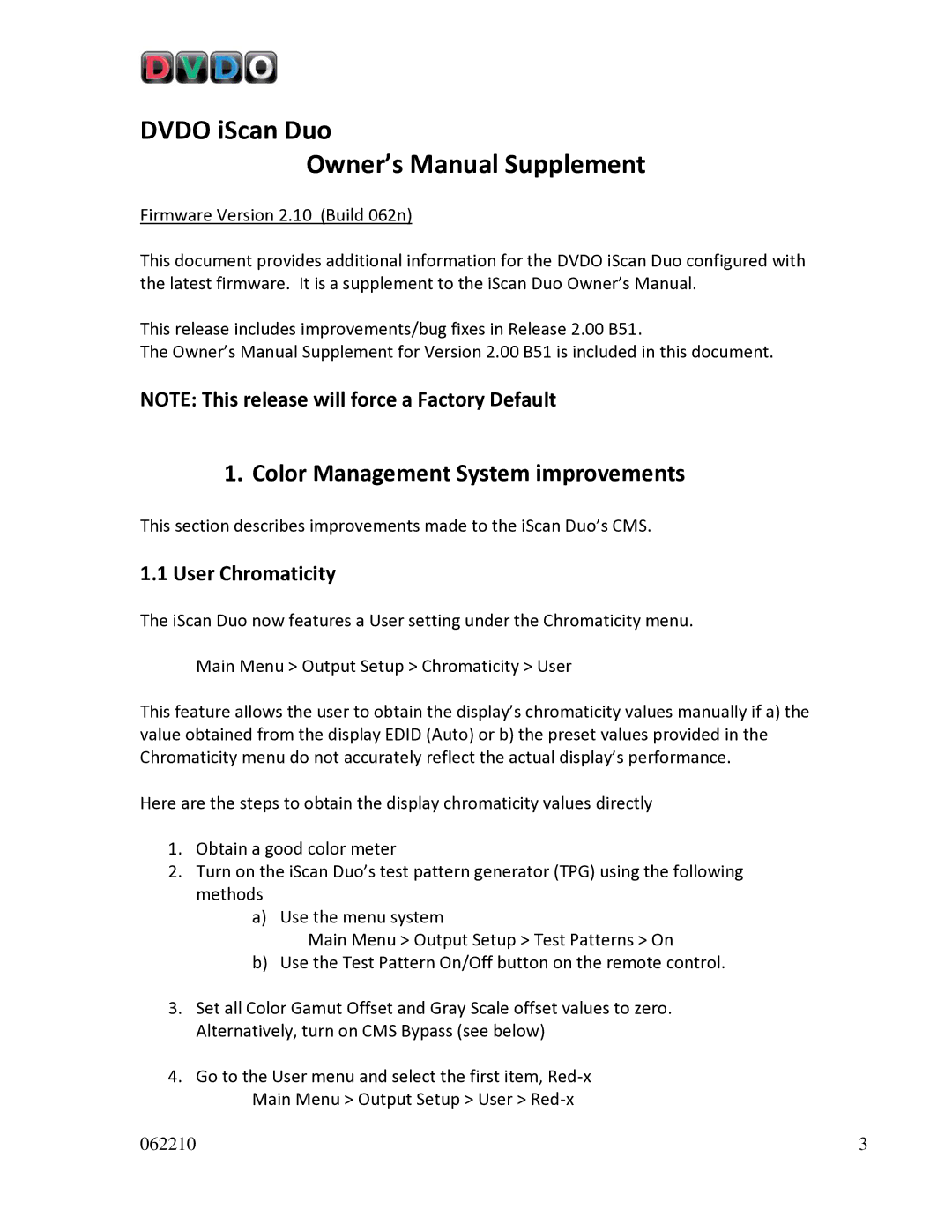 DVDO DVD VCR Combo owner manual Color Management System improvements, User Chromaticity 