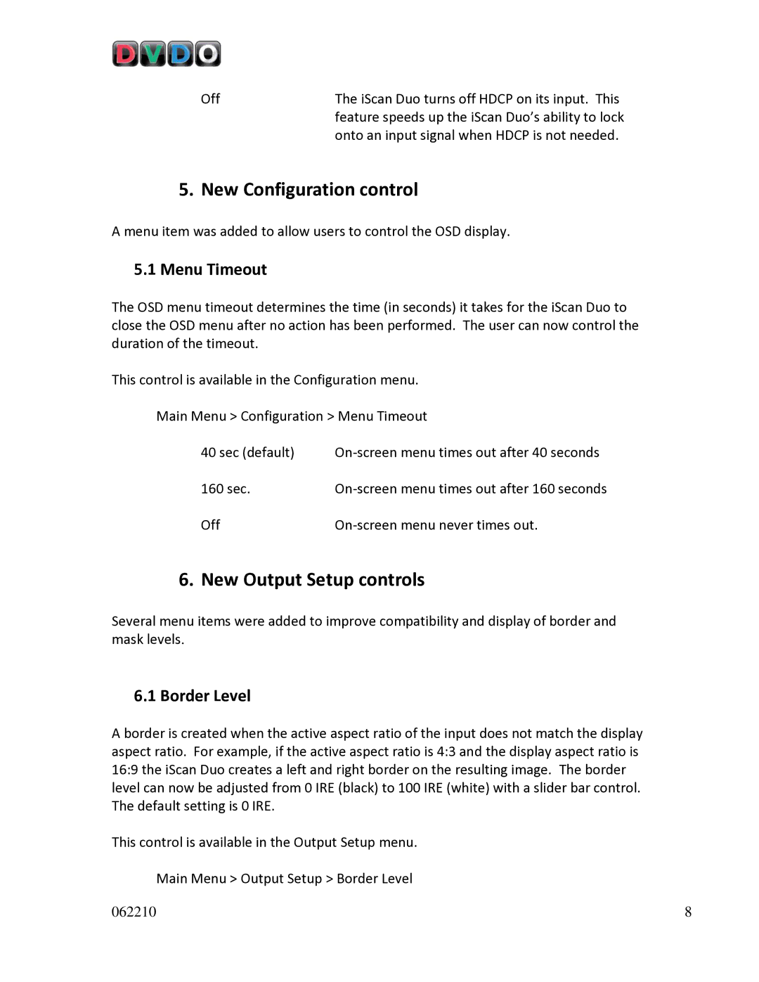 DVDO DVD VCR Combo owner manual New Configuration control, New Output Setup controls, Menu Timeout, Border Level 