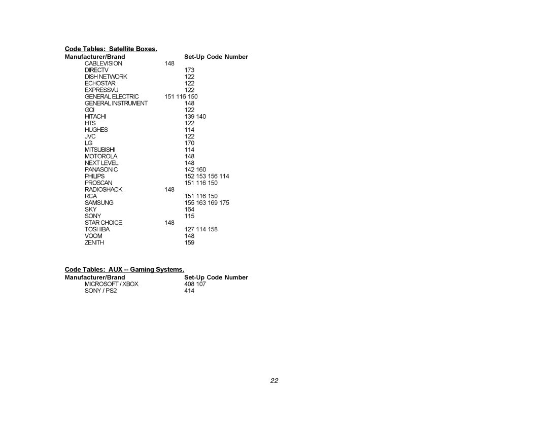 DVDO Edge setup guide Code Tables Satellite Boxes, Code Tables AUX -- Gaming Systems 