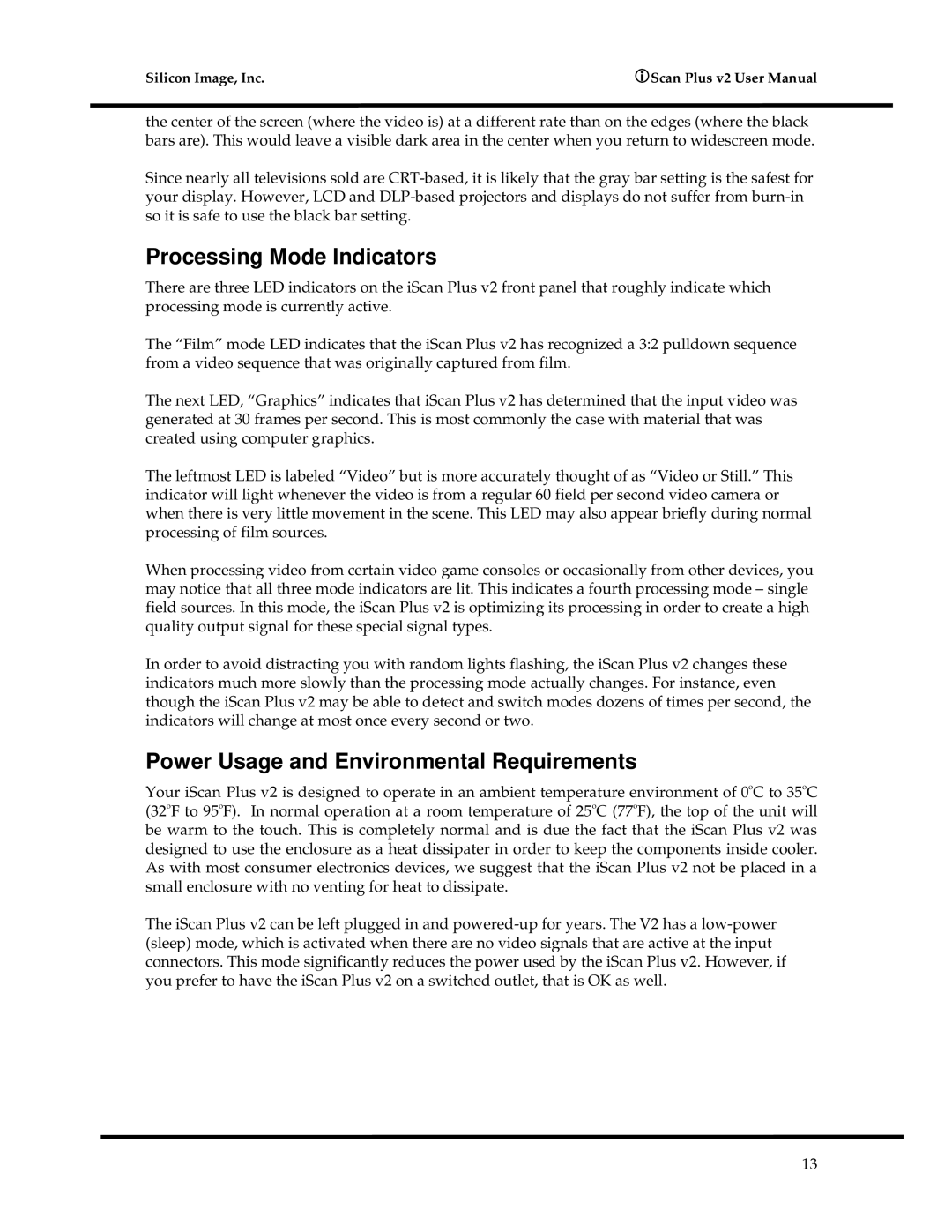 DVDO iScanPlus V2 manual Processing Mode Indicators, Power Usage and Environmental Requirements 