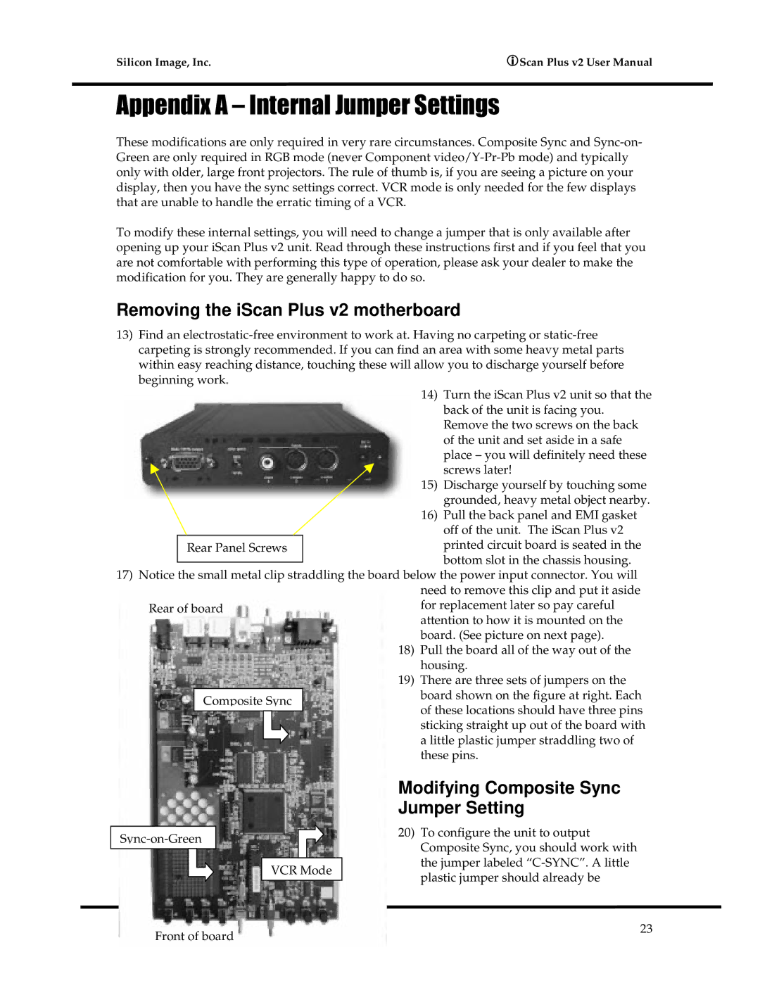 DVDO iScanPlus V2 manual $SSHQGL$²,QWHUQDO-XPSHU6HWWLQJV, Removing the iScan Plus v2 motherboard 