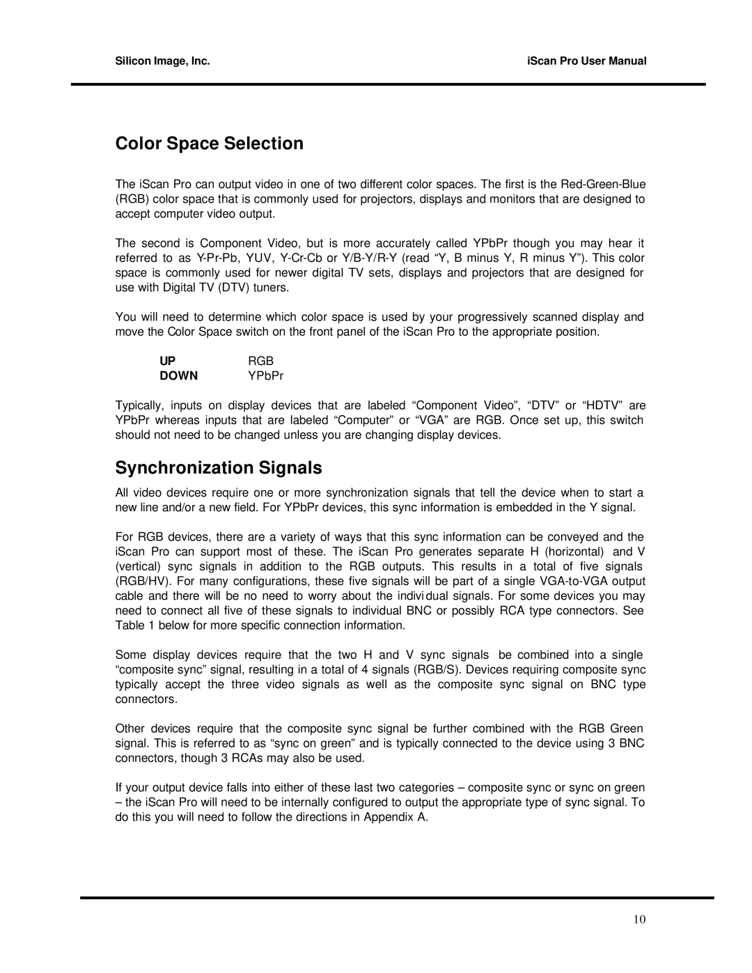 DVDO Progressive Scan Display Interface user manual Color Space Selection, Synchronization Signals 