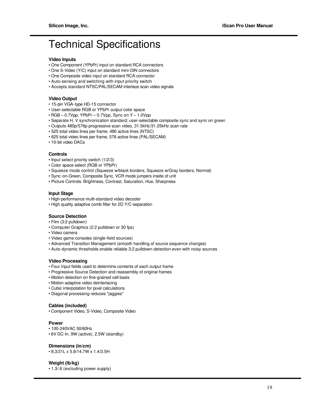 DVDO Progressive Scan Display Interface user manual Technical Specifications, Video Inputs 