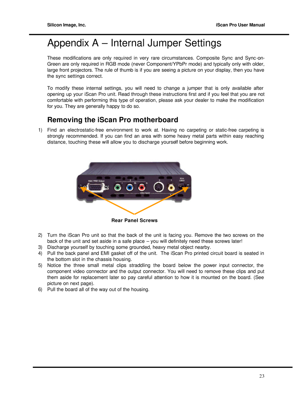 DVDO Progressive Scan Display Interface user manual Appendix a Internal Jumper Settings, Removing the iScan Pro motherboard 