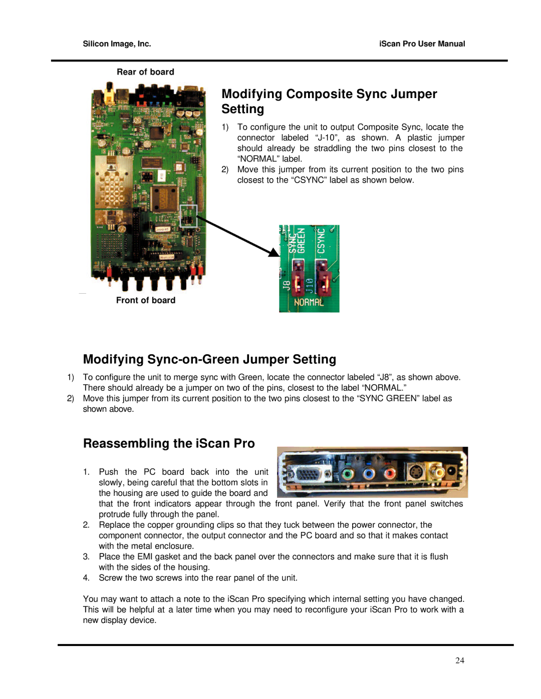 DVDO Progressive Scan Display Interface Modifying Composite Sync Jumper Setting, Modifying Sync-on-Green Jumper Setting 