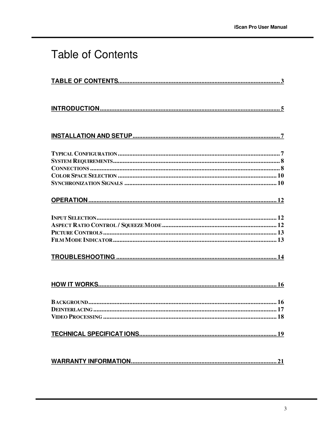 DVDO Progressive Scan Display Interface user manual Table of Contents 