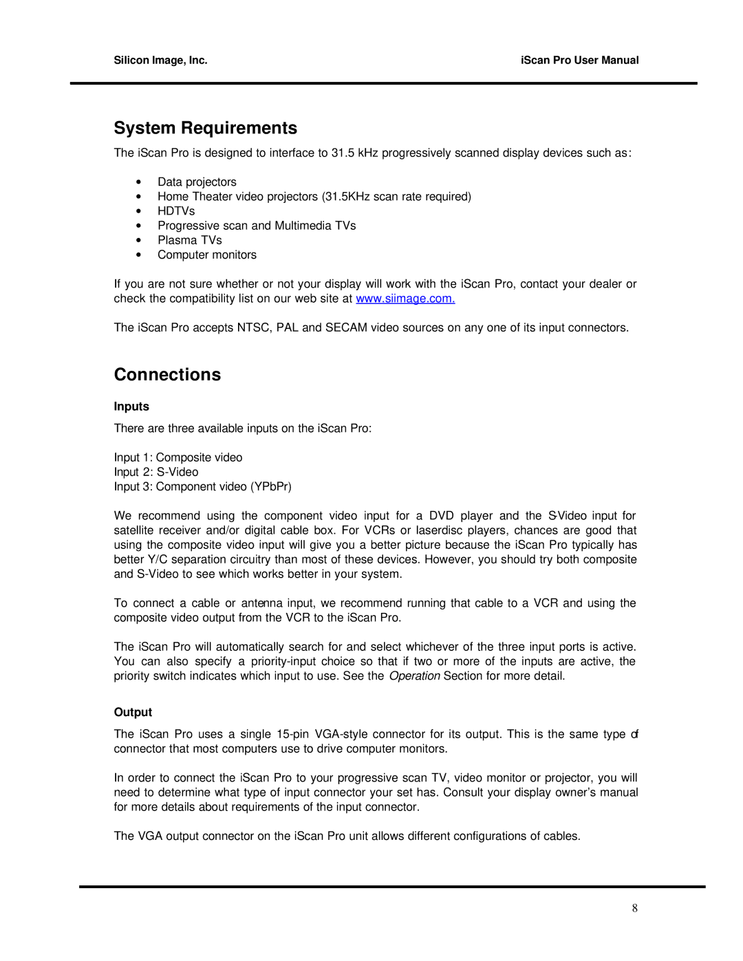 DVDO Progressive Scan Display Interface user manual System Requirements, Connections 