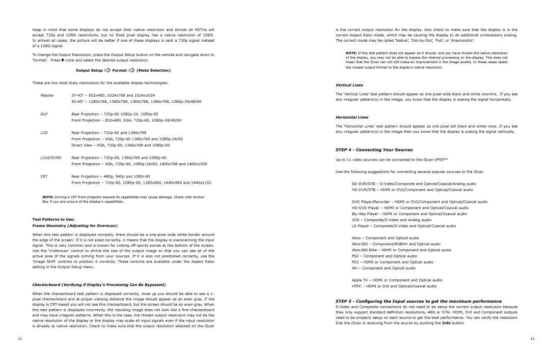 DVDO VP50 owner manual Connecting Your Sources, Output Setup Format Make Selection, Test Patterns to Use 