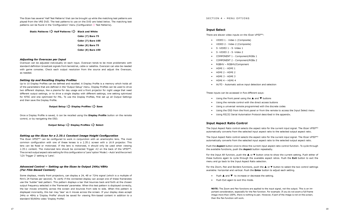 DVDO VP50 owner manual Input Select, Input Aspect Ratio Control, Adjusting for Overscan per Input 