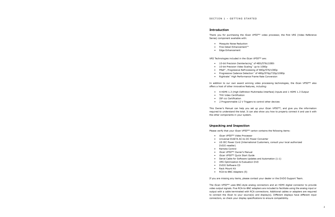 DVDO VP50 owner manual Introduction, Unpacking and Inspection 