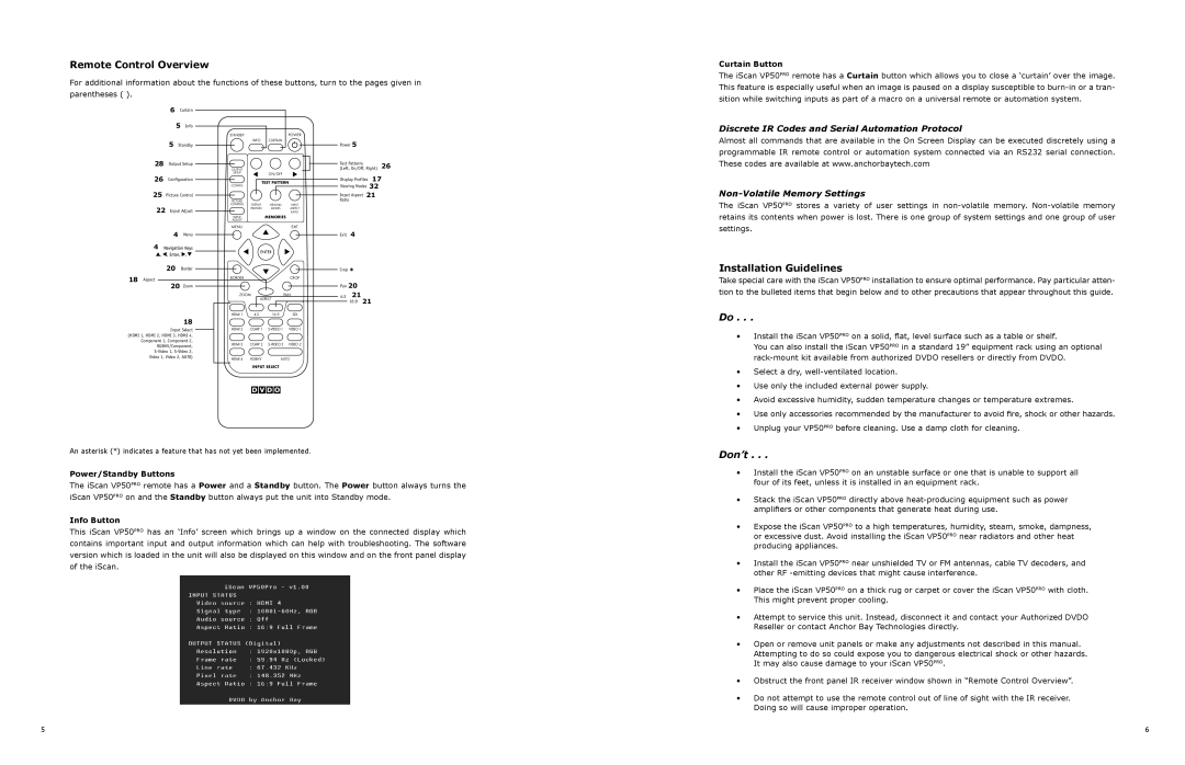 DVDO VP50 owner manual Remote Control Overview, Installation Guidelines, Discrete IR Codes and Serial Automation Protocol 