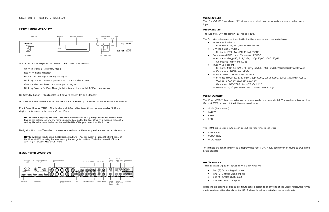 DVDO VP50 owner manual Front Panel Overview, Back Panel Overview, Video Inputs, Video Outputs, Audio Inputs 