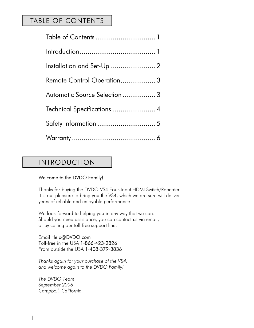 DVDO VS4 manual Table of Contents, Introduction 