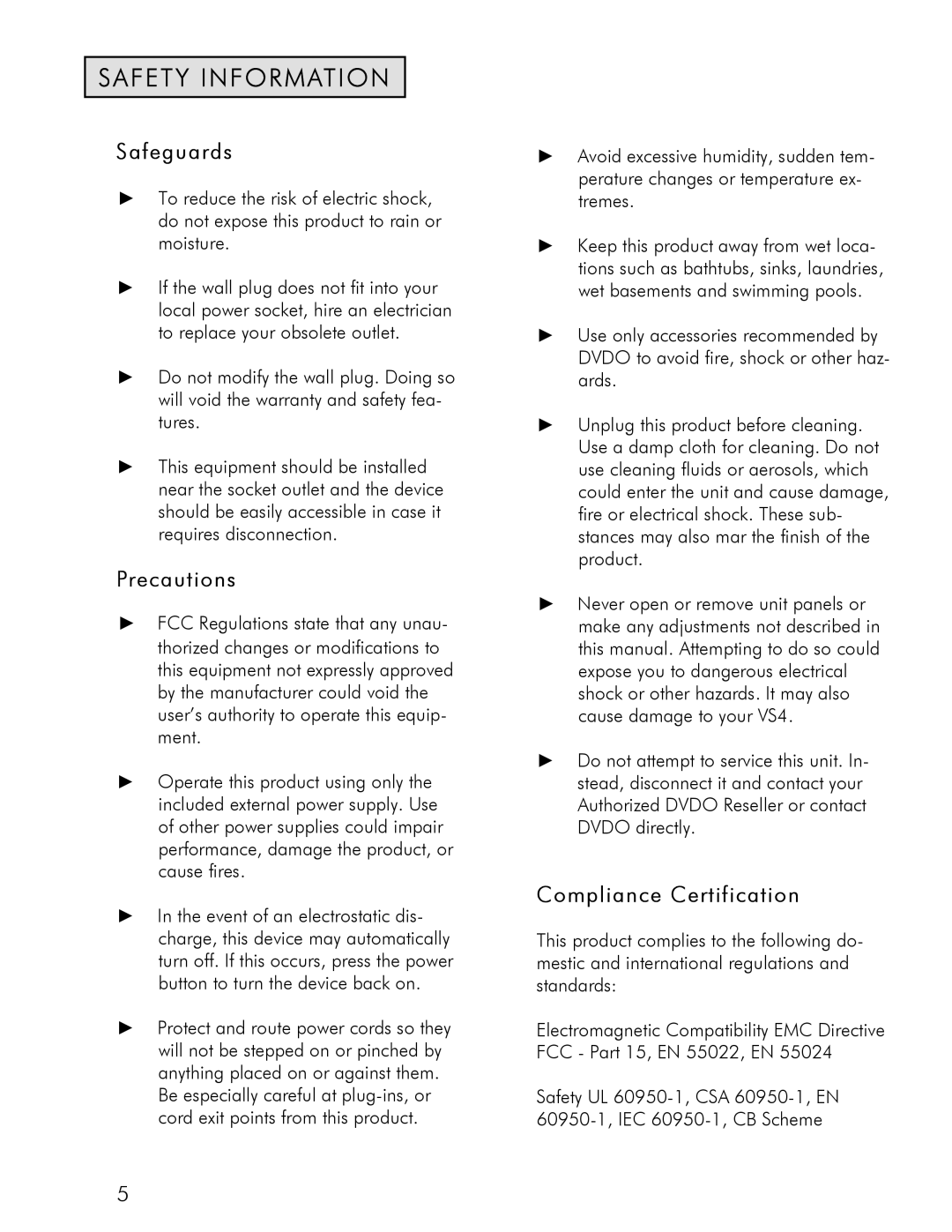 DVDO VS4 manual Safety Information, Safeguards, Precautions, Compliance Certification 