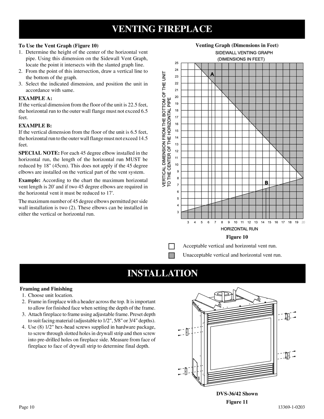 DVS 30-2 installation instructions Venting Fireplace, Installation, Example a, Example B 