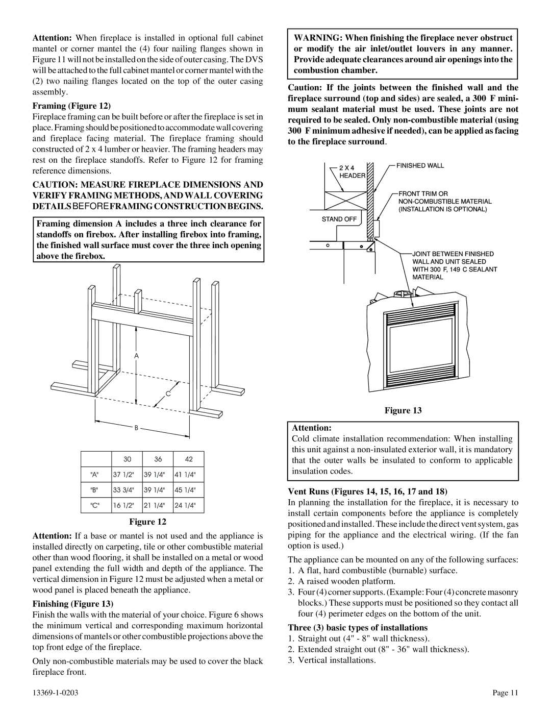 DVS 30-2 Framing Figure, Finishing Figure, Vent Runs Figures 14, 15, 16, 17, Three 3 basic types of installations 