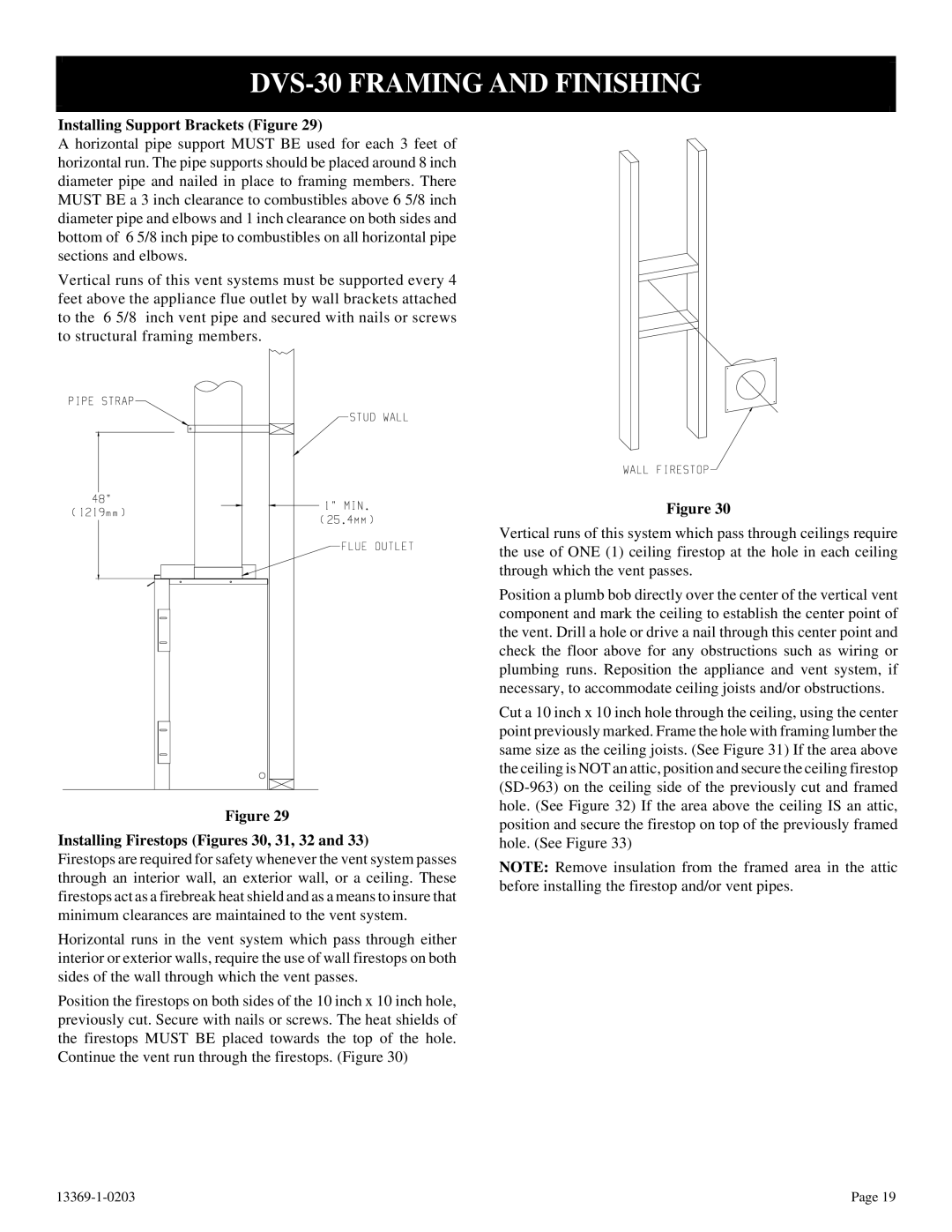 DVS 30-2 DVS-30 Framing and Finishing, Installing Support Brackets Figure, Installing Firestops Figures 30, 31, 32 