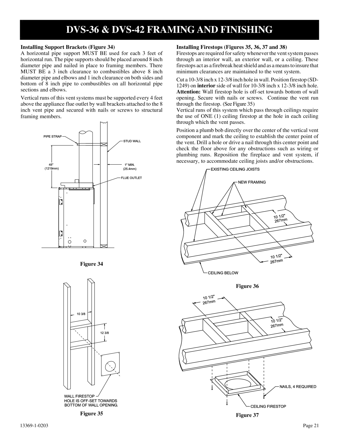 DVS 30-2 installation instructions DVS-36 & DVS-42 Framing and Finishing, Installing Firestops Figures 35, 36, 37 