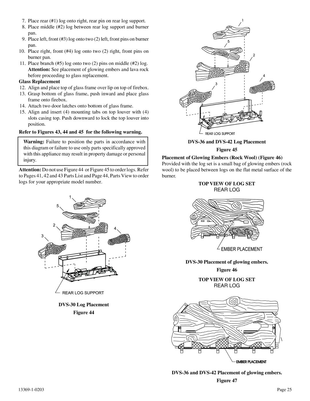 DVS 30-2 installation instructions Glass Replacement, TOP View of LOG SET, DVS-30 Placement of glowing embers 