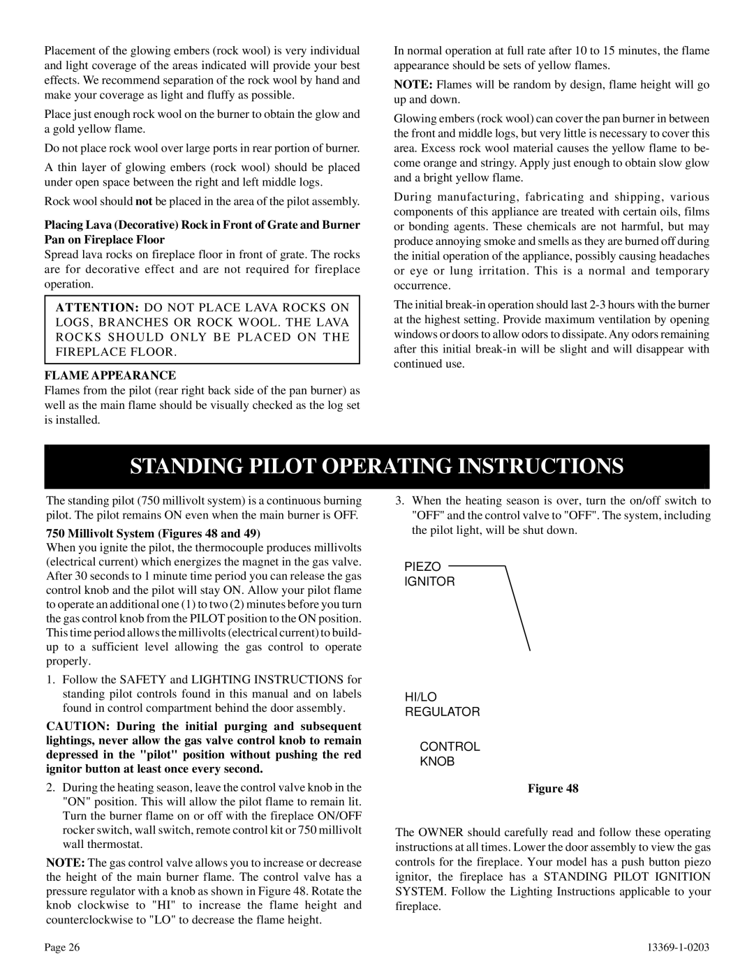 DVS 30-2 installation instructions Standing Pilot Operating Instructions, Flame Appearance, Millivolt System Figures 48 