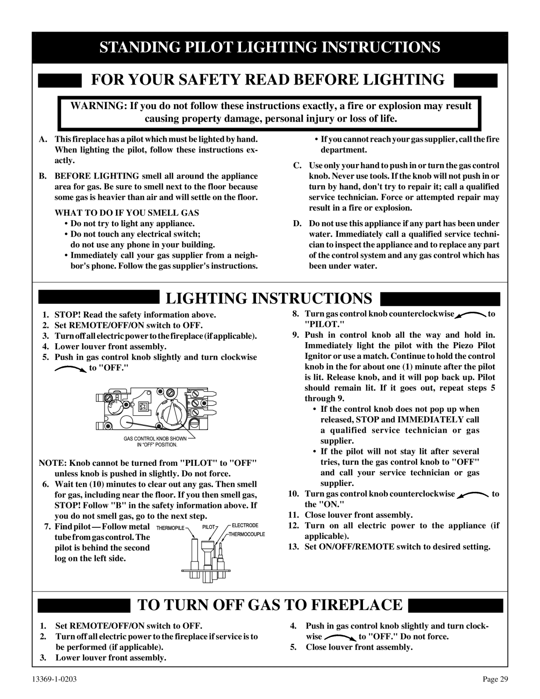 DVS 30-2 installation instructions Standing Pilot Lighting Instructions, What to do if YOU Smell GAS 