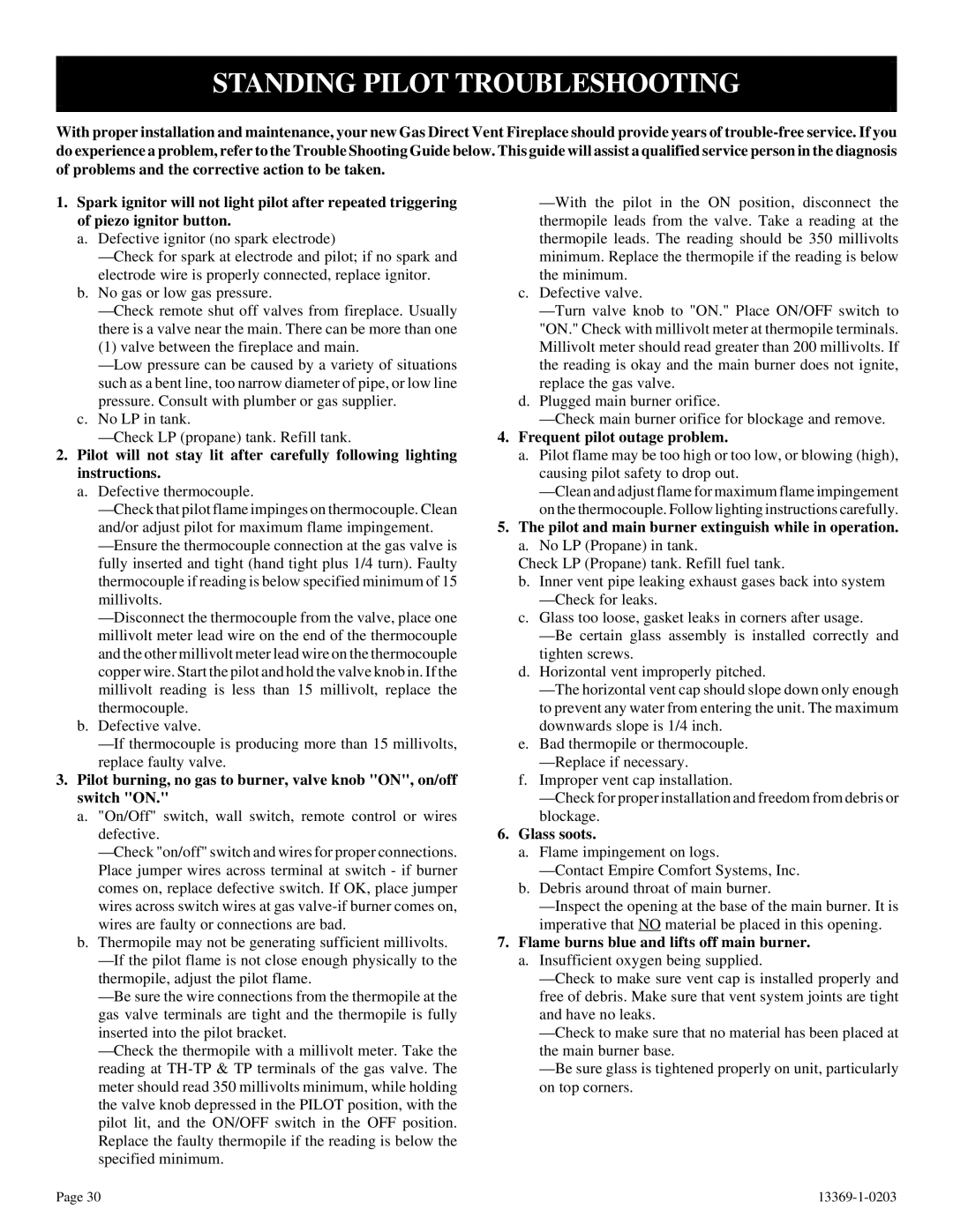 DVS 30-2 installation instructions Standing Pilot Troubleshooting, Frequent pilot outage problem, Glass soots 