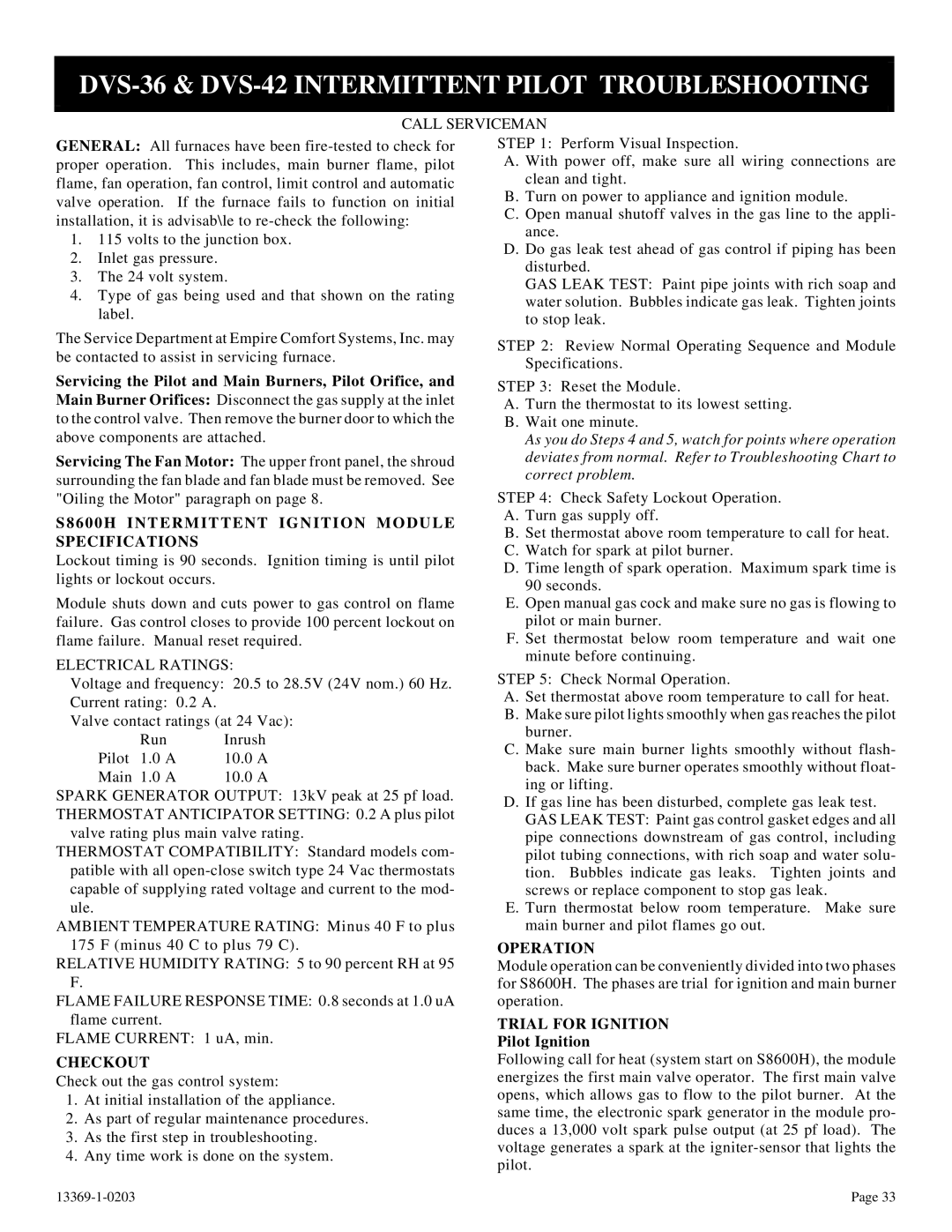 DVS 30-2 installation instructions Specifications, Operation, Trial for Ignition, Checkout 