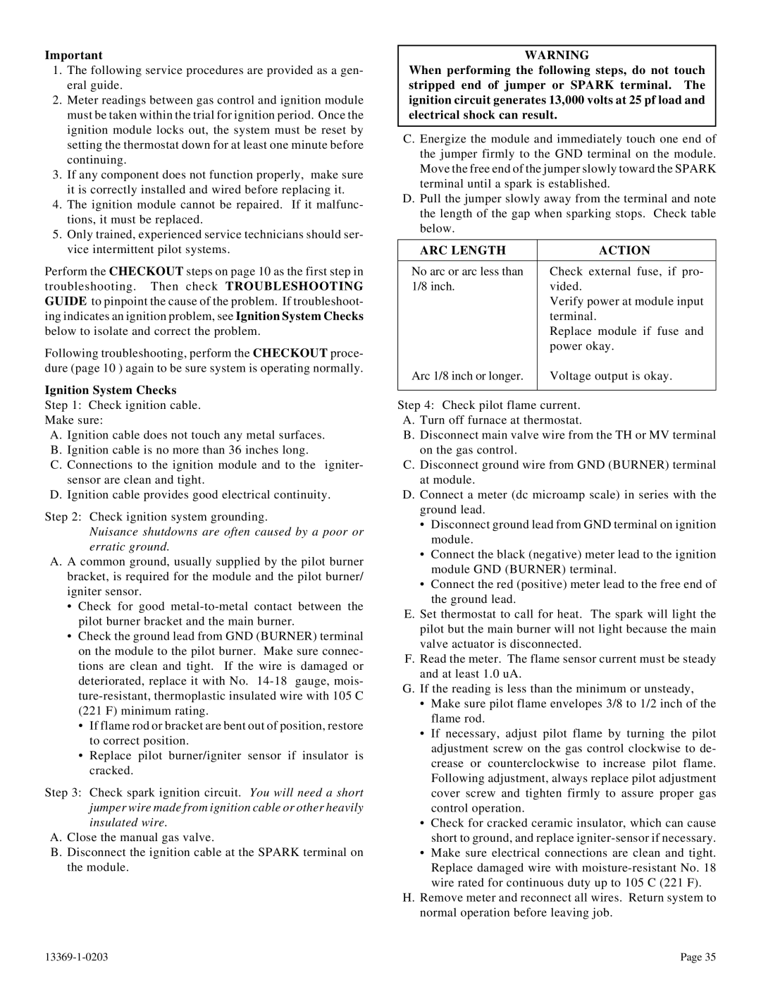 DVS 30-2 installation instructions Ignition System Checks, ARC Length Action 