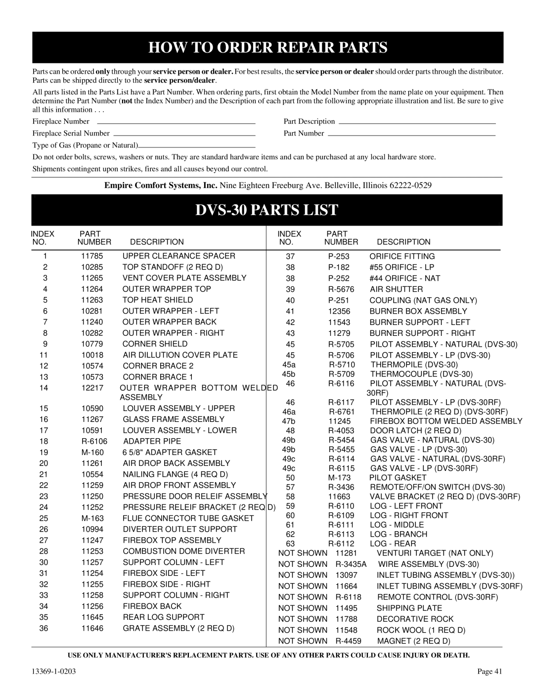 DVS 30-2 installation instructions HOW to Order Repair Parts, DVS-30 Parts List 