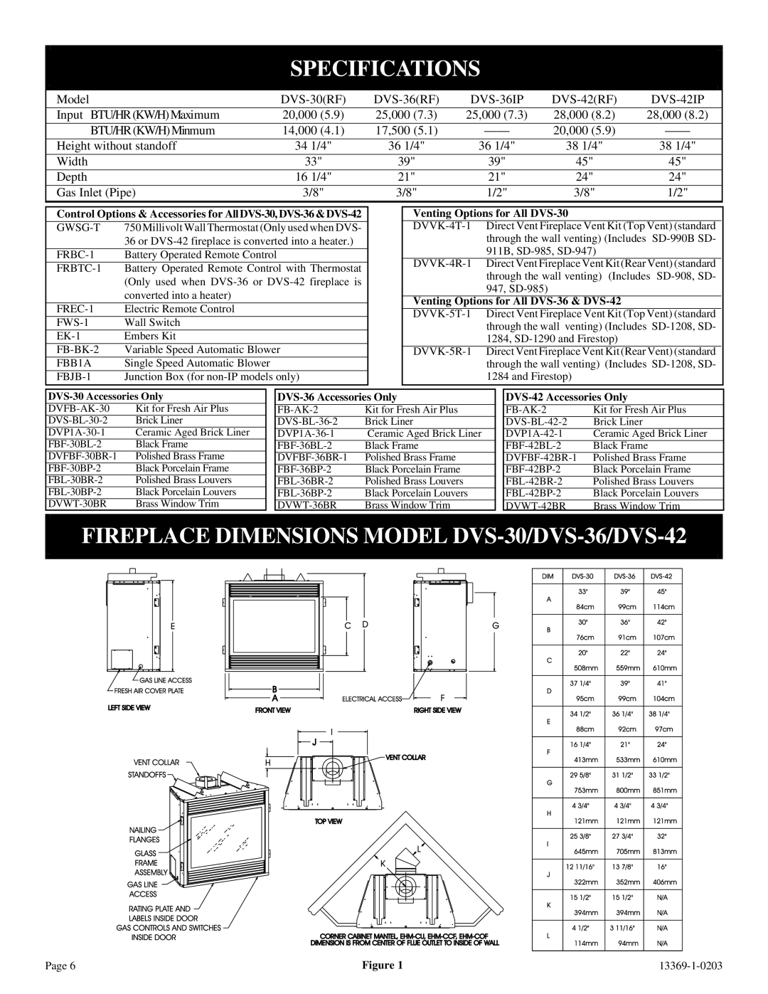 DVS 30-2 installation instructions Specifications, Fireplace Dimensions Model DVS-30/DVS-36/DVS-42 