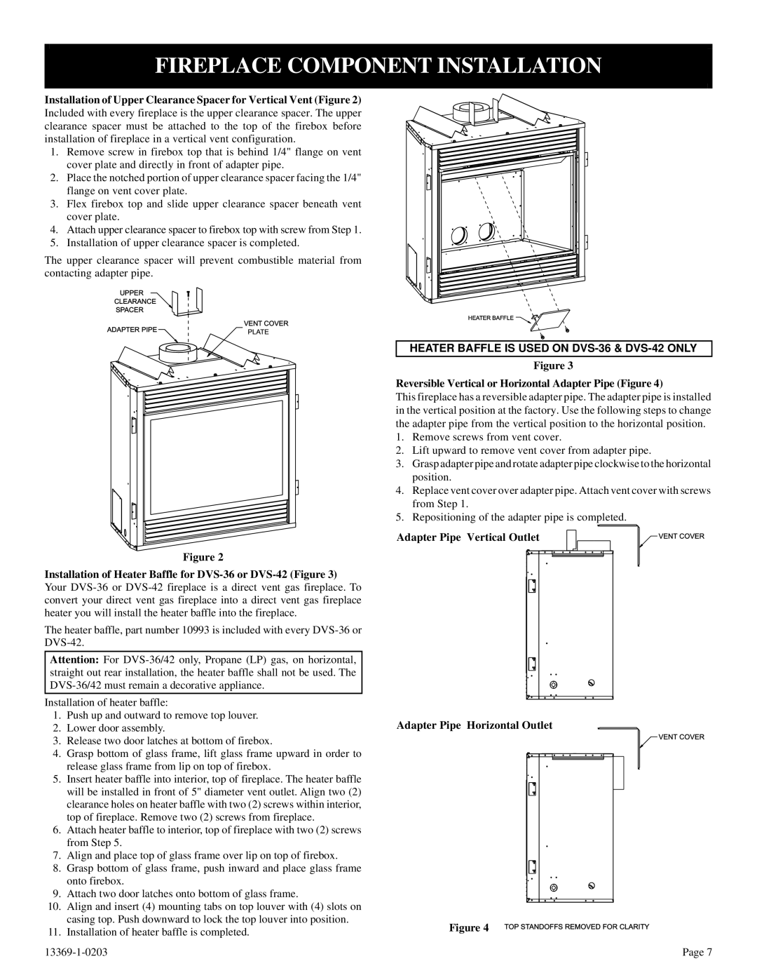 DVS 30-2 installation instructions Fireplace Component Installation, Heater Baffle is Used on DVS-36 & DVS-42 only 