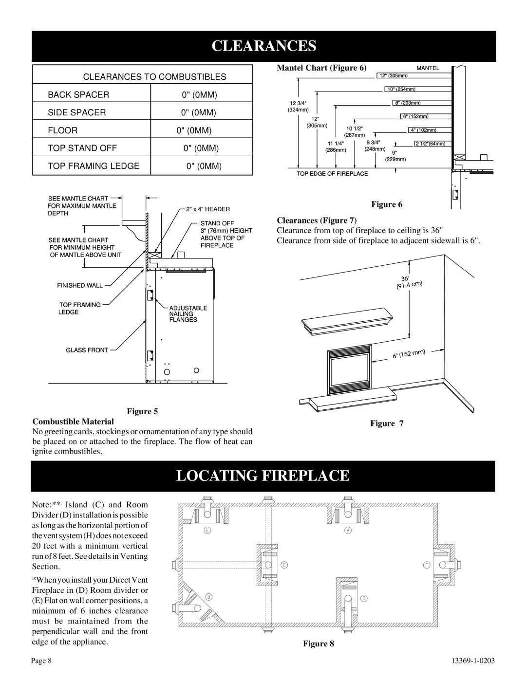 DVS 30-2 installation instructions Locating Fireplace, Mantel Chart Figure, Clearances Figure, Combustible Material 