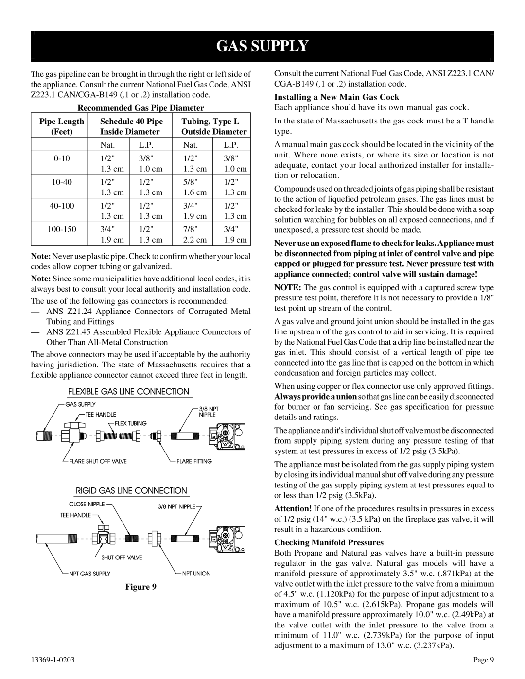 DVS 30-2 installation instructions GAS Supply, Installing a New Main Gas Cock, Checking Manifold Pressures 