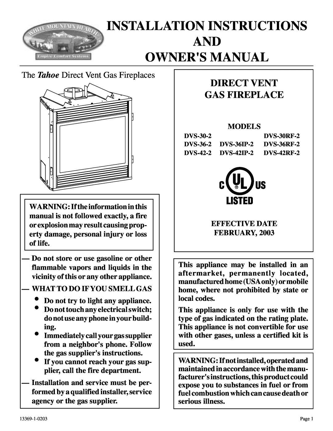 DVS 30-2 installation instructions The Tahoe Direct Vent Gas Fireplaces 