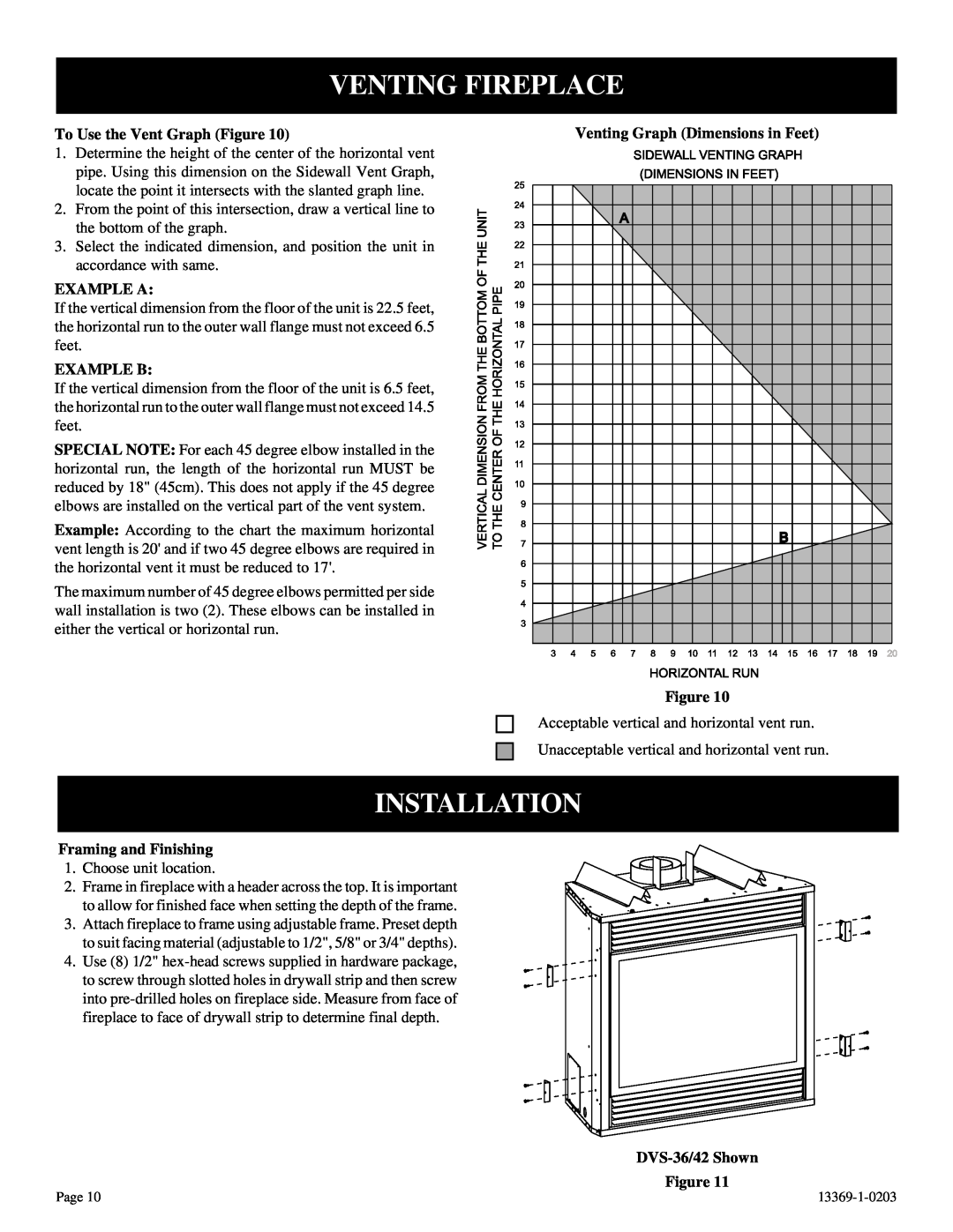 DVS 30-2 Venting Fireplace, Installation, To Use the Vent Graph Figure, Example A, Example B, Framing and Finishing 