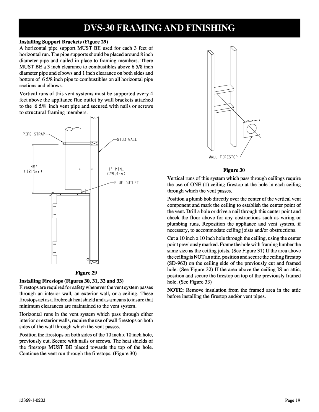 DVS 30-2 DVS-30FRAMING AND FINISHING, Installing Support Brackets Figure, Installing Firestops Figures 30, 31, 32 and 