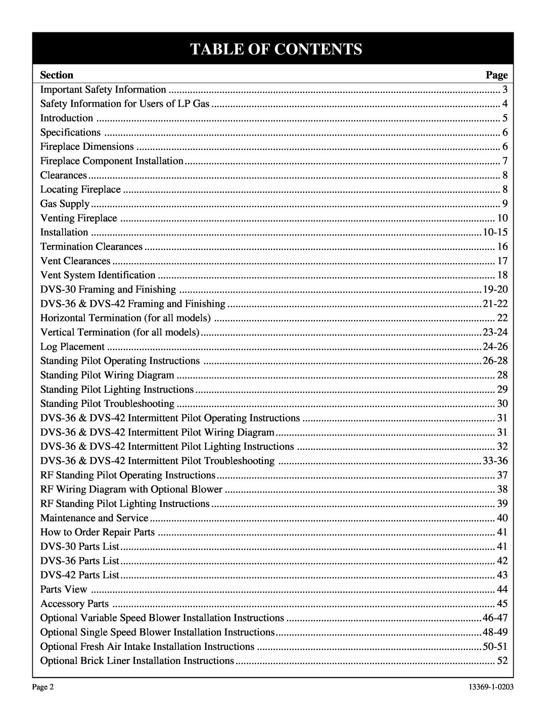 DVS 30-2 installation instructions Table Of Contents, Section, Page 