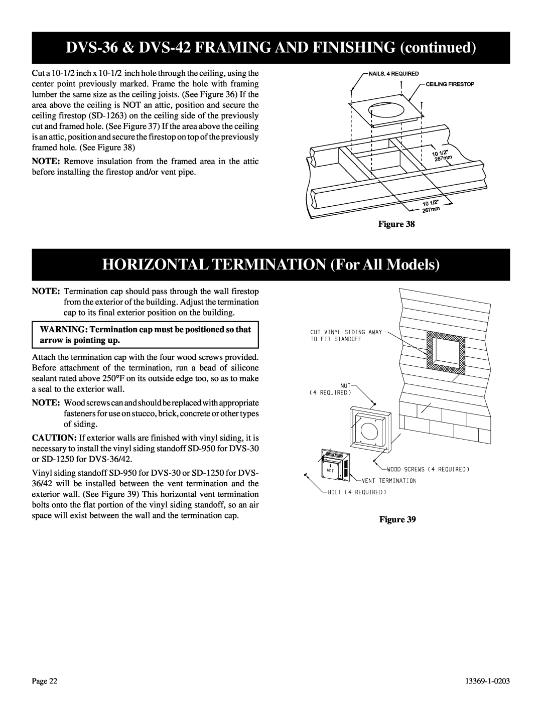 DVS 30-2 installation instructions DVS-36& DVS-42FRAMING AND FINISHING continued, HORIZONTAL TERMINATION For All Models 