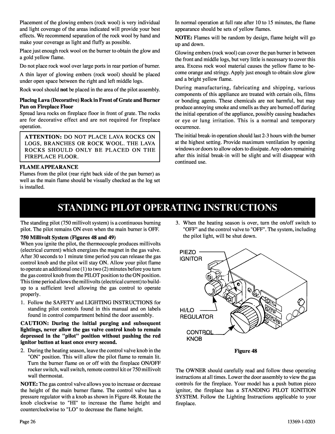 DVS 30-2 installation instructions Standing Pilot Operating Instructions, Flame Appearance, Millivolt System Figures 48 and 