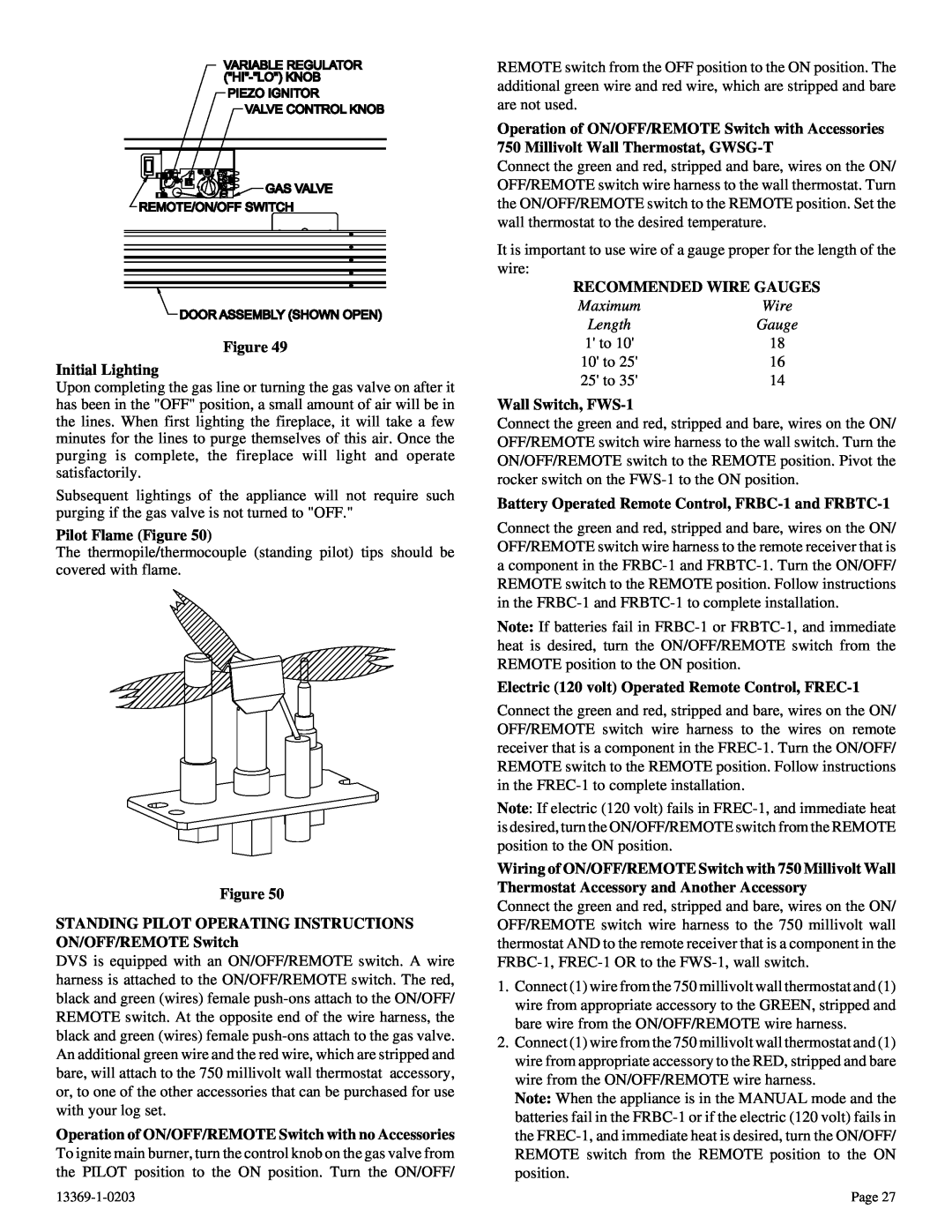 DVS 30-2 installation instructions Figure Initial Lighting, Pilot Flame Figure, Recommended Wire Gauges, Wall Switch, FWS-1 