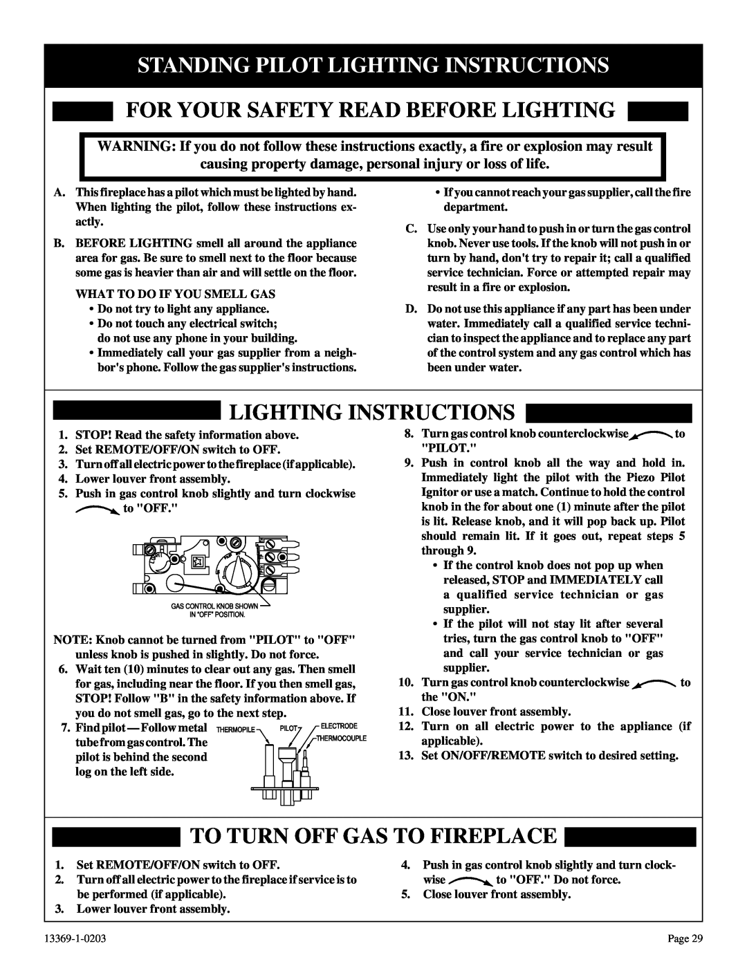 DVS 30-2 Standing Pilot Lighting Instructions, For Your Safety Read Before Lighting, To Turn Off Gas To Fireplace 