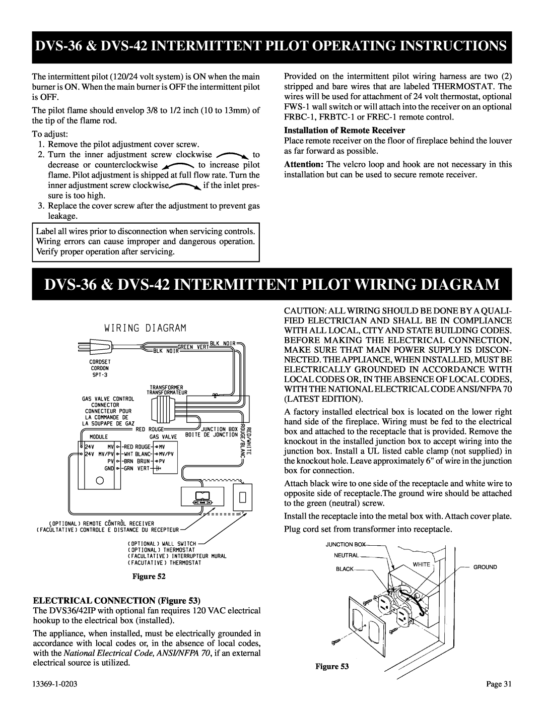 DVS 30-2 DVS-36& DVS-42INTERMITTENT PILOT WIRING DIAGRAM, Installation of Remote Receiver, ELECTRICAL CONNECTION Figure 