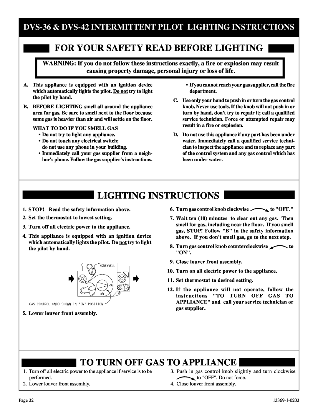 DVS 30-2 To Turn Off Gas To Appliance, For Your Safety Read Before Lighting, Lighting Instructions 