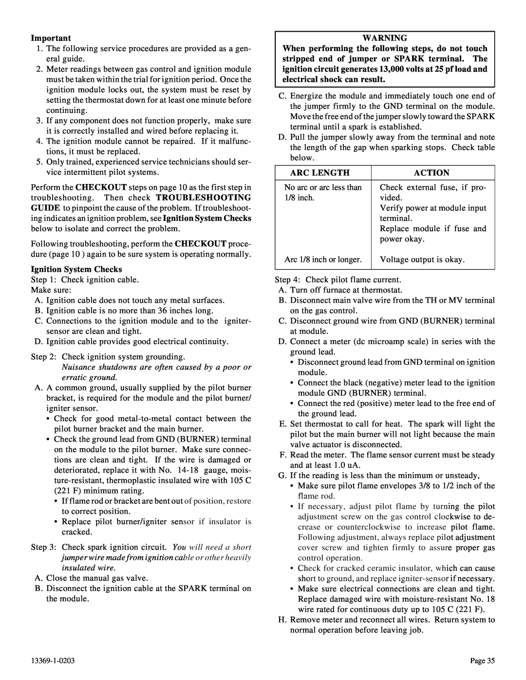 DVS 30-2 installation instructions Ignition System Checks, Arc Length, Action 