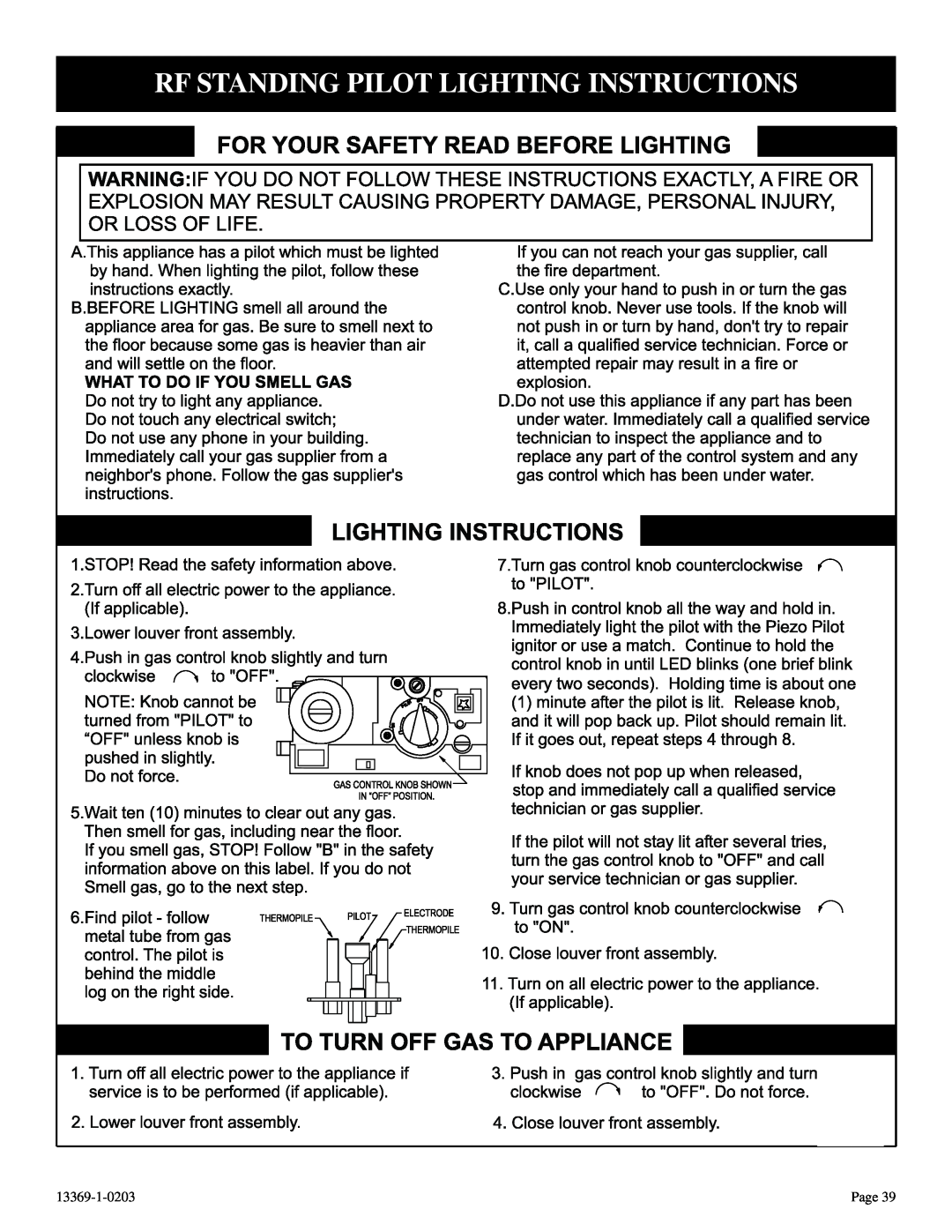 DVS 30-2 installation instructions Rf Standing Pilot Lighting Instructions, 13369-1-0203, Page 
