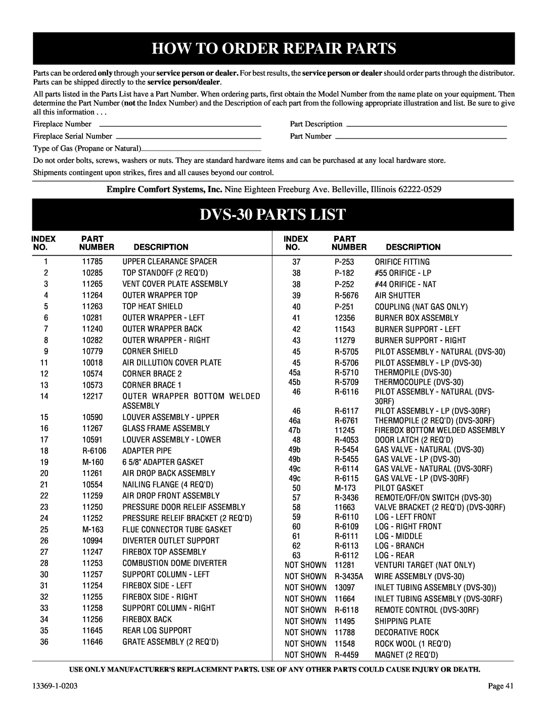 DVS 30-2 installation instructions How To Order Repair Parts, DVS-30PARTS LIST, Index, Number, Description 